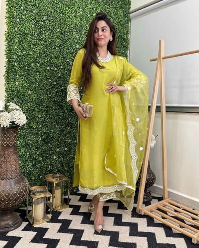 Image of Shiv Textiles Women's Chanderi Silk Embroidered Kurta Pant Dupatta Set(JDA-Kamya-Yellow-L)
