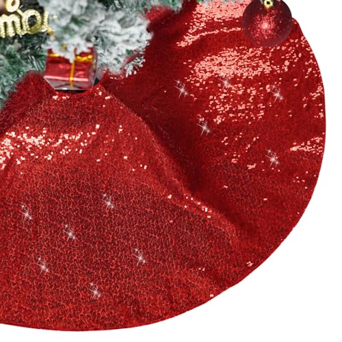 PartyDelight Large Christmas Tree Skirt Red Sequin 70 Inch