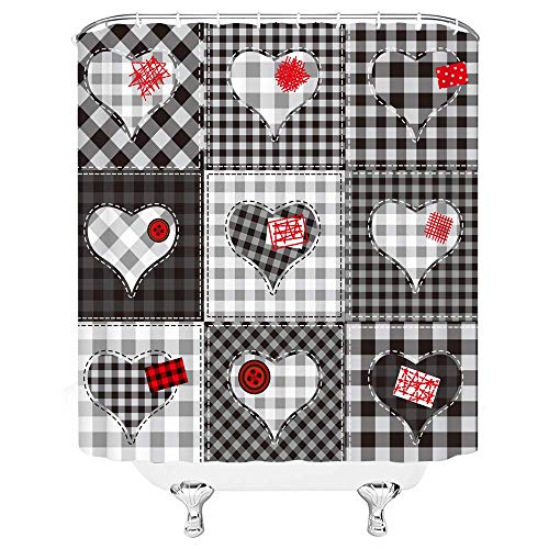 Heart Plaid Shower Curtain Retro Buffalo Checks Hearts Tartan Patchwork Rustic Farmhouse Romantic Country Love Creative Artwork Fabric Polyester Bathroom Decor With Hooks(70" Wx70 H) #TOP1