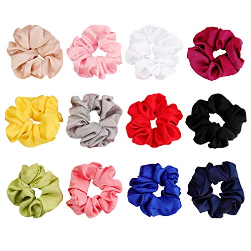 12 Pcs Hair Scrunchies Satin Elastic Hair Bands Scrunchy Hair Ties Ropes Scrunchie for Women or Girls Hair Accessories (12 Pcs Satin Scrunchies)