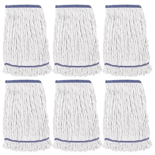 Commercial Cotton Looped-End Mop Head Replacement, Extra Absorbent Wet String Mop Refill for Industrial, Restaurant, Office & Home Floor Cleaning – 6 Pack, Blue/White