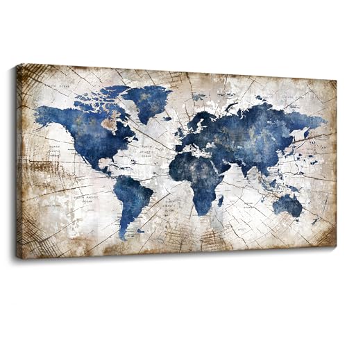 Image of World Map Canvas Wall Art Abstract Navy World Maps for Wall Vintage Modern Wall Art for Office Framed Pictures for Living Room Bedroom Wall Decoration for Home Office Decor Artwork for Walls 24x48IN