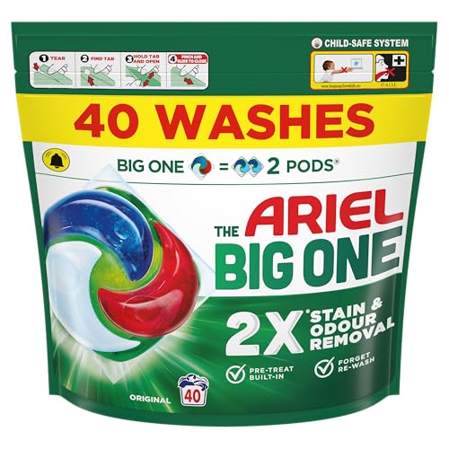 Ariel The Big One PODS, Washing Liquid Laundry Detergent Capsules 40 Washes, Original, 2X Stain & Odour Removal, Fast Dissolving Even in Cold