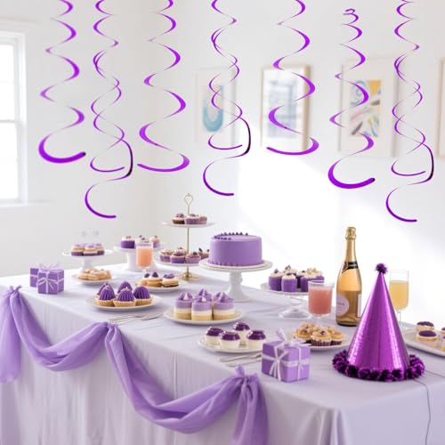 Image of Party Swirl Decorations Hot Pink Shinny Foil Hanging Swirl Decorations Plastic Streamer for Ceiling Plastic Streamer for Party Decorations Metallic Hanging Swirl Pack of 30 (Purple)