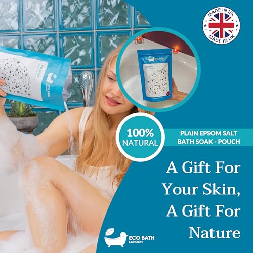 Image of Eco Bath London Relaxing Lavender Epsom Salt Bath Soak - Pouch 2.2 lb (1 kg), Made in UK, Natural Magnesium Bath Salt, Relaxing Spa Bath Soak for Stress Relief, Self Care Gift for Women and Men