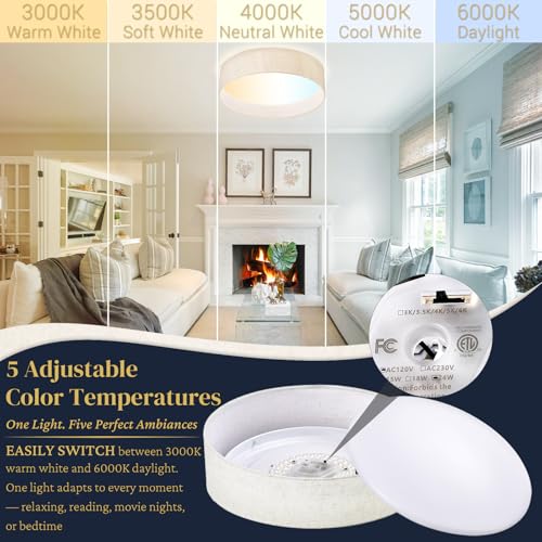 Hamilyeah LED Flush Mount Ceiling Light Fixture Set of 2, Dimmable Ceiling Light Fixture with Fabric Shade 24W 12inch 5CCT, Drum Light Fixture Ceiling Mount for Living Room, Kitchen, Bathroom, Bedroom by Hamilyeah - Image 4