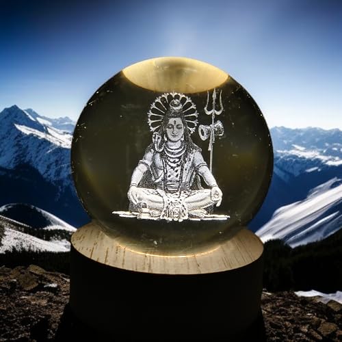 Image of ANTORCHE Shiva 3D Crystal Ball Warm LED Night Lamp with Wooden Base | Spiritual Home Decor Light | Ideal Gift for Office, Pooja Room, Bedroom & Festivals