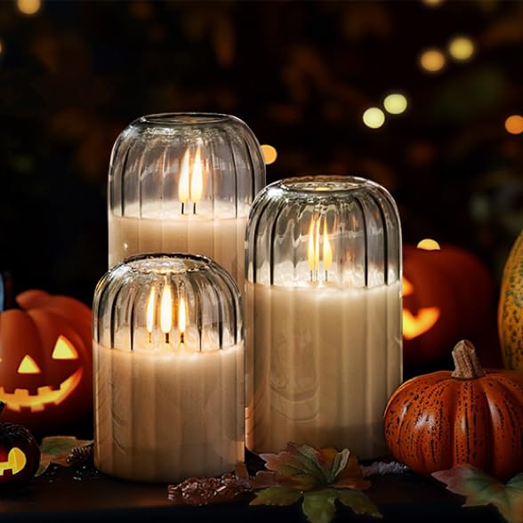 Image of Ribbed Glass Battery Candles - FLameless Candles with Remote, Sage Green LED Candles with Timer, Warm Light, Lasting 350 Hrs and Brightness Adjustment, Φ 3 inch H 4 inch 5 inch 6 inch, Set of 3 for Christmas Decor