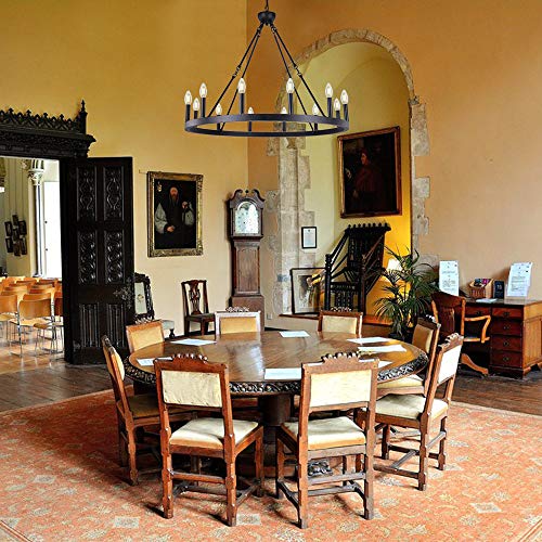 Wellmet 12-Light Black Wagon Wheel Chandelier Diam 38 Inch, Farmhouse Industrial Country Style Large Round Pendant Light Fixture For Dining Room, Kitchen Island #TOP5