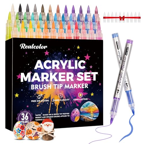 realcolor 36 Colors Acrylic Paint Markers, Soft Brush Tip Acrylic Paint Pens Paint Markers for Wood, Stone, Canvas, Glass, Fabric, Egg, Rock Painting, and DIY Crafts Non-Toxic, Art Supplies