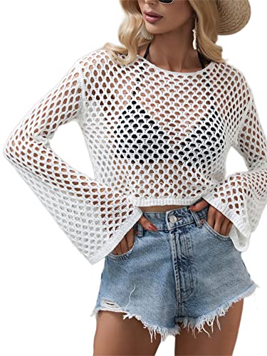 KEOMUD Women Mesh Crochet Crop Top Long Sleeve Hollow Out Knit Sweater Bikini Beach See Through Cover Ups