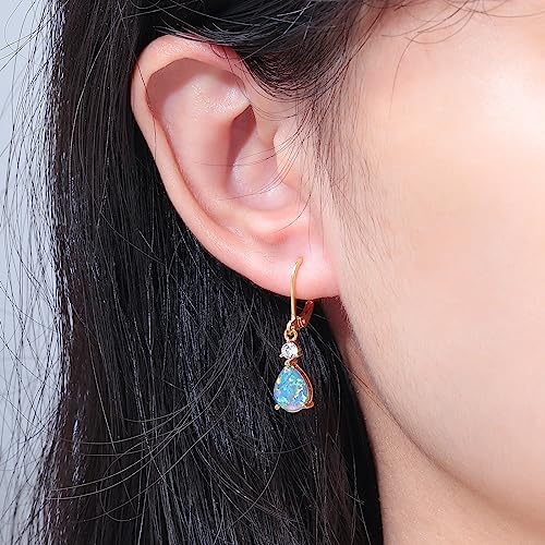 CiNily Womens Opal Dangle Earrings Leverback Drop Earrings 14K Yellow Gold Plated Blue Purple Cubic Zircon Teardrop Gemstone Earrings Jewelry for Sensitive Ears - Image 2