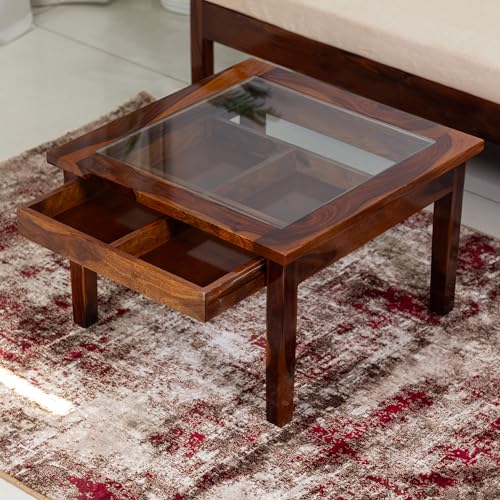 Image of Solid Sheesham Wood Coffee Table for Living Room | Center Table with Clear Glass Top and Large Storage Drawer | Premium Wooden Teapoy | Honey Finish | Fully Assembled | (70 x 70 x 46 CM)