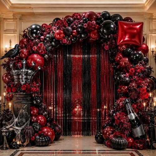 Image of Red Black Party Balloon Kit 2pack Foil Fringe Curtains,Square Foil Wine Bottle Crown Balloons Doubled Burgundy Black Balloon Arch for Birthday Bachelorette Gothic Vampire Celebration Wine Party Decor