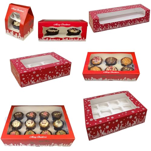 LARRYROO Festive Christmas Cupcake/Mince Pie Boxes for 1, 2, 3, 6, 12 Cup Cakes & Removable Inner Trays (5