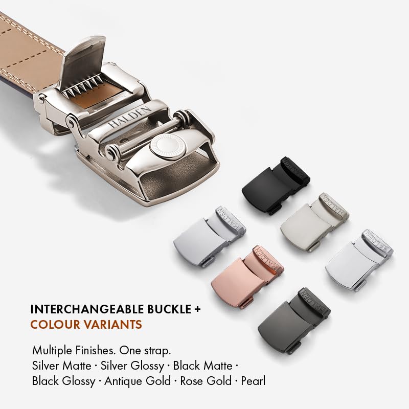 Image of HALDEN THEO Belt For Men Leather Original (Adjustable Fits Up to 44 Inch Waist) Ratchet Straps, Unique Magnetic Auto-lock Buckle Adjustable Belt For Men