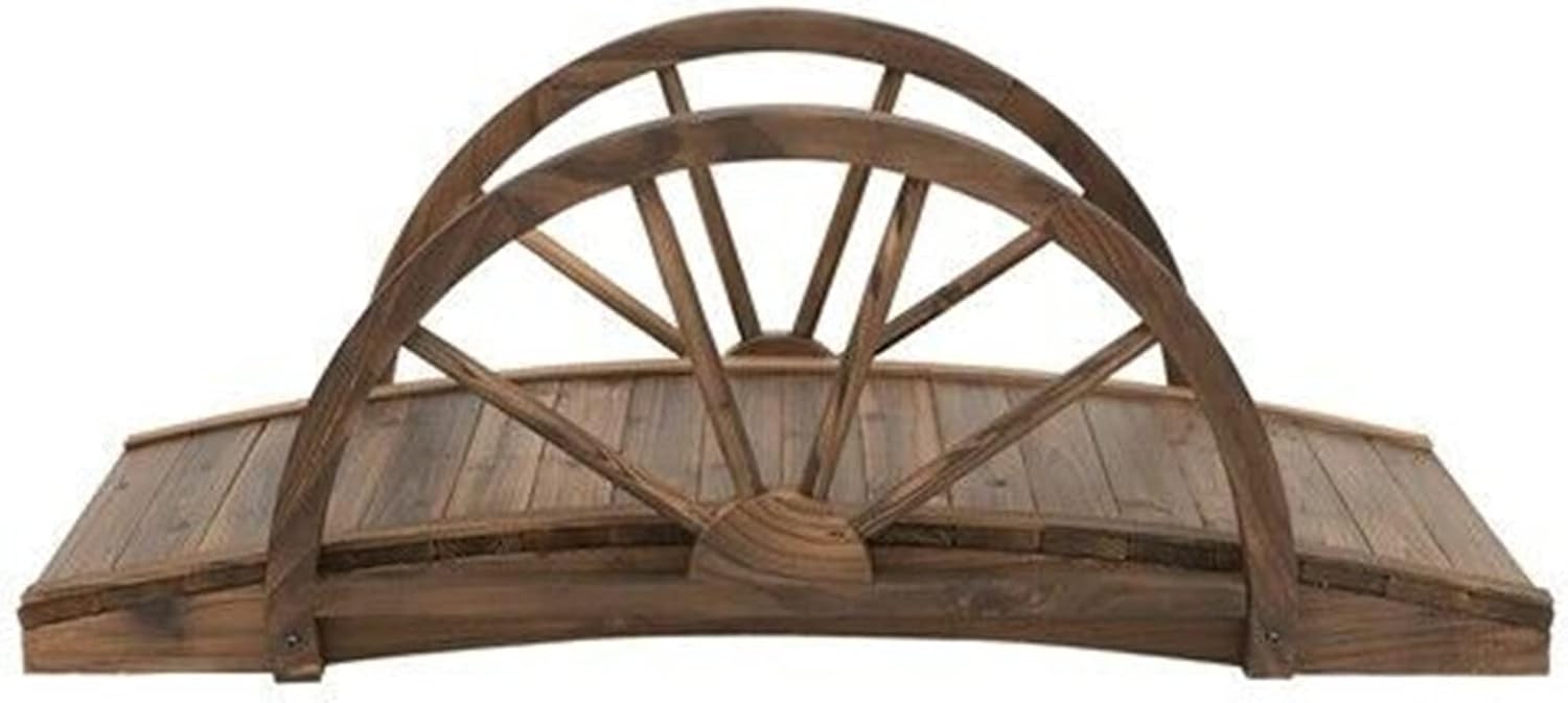 Wooden Bridge Elegant Traditional Farm Home 3.3ft Fir Wood Half Wheeled Stained Garden Bridge