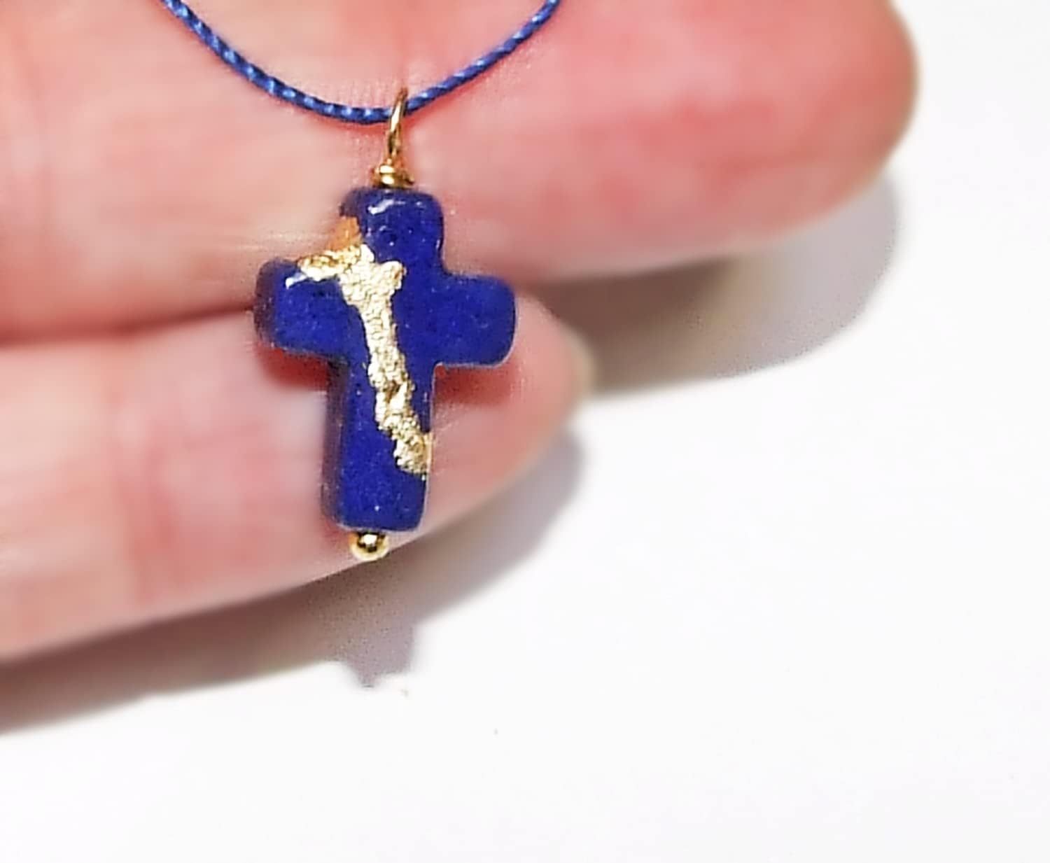 Kintsugi Petite Cross Lapis-Blue Howlite, Broken, Mended with 23k Gold, Cord Necklace