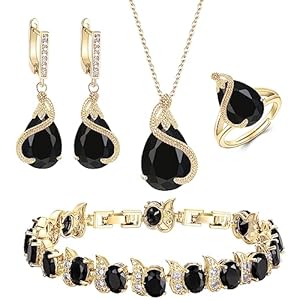 Ever Faith Women’s Jewelry Set Black Jewellery Sparkly Cubic Zirconia Teardrop Necklace Earring Bracelet Ring Sets for Women Birthday Gifts 4 PCS