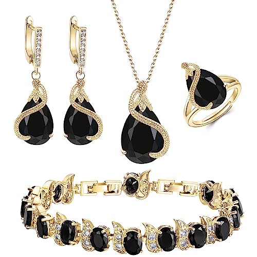 EVER FAITH Wedding Jewelry Set for Bride Bridesmaid, Glamour Teardrop Cubic Zirconia Pendant Necklace Earrings Tennis Bracelet Open Ring Sets for Birthday/Valentine's Day/Mother's Day/Christmas