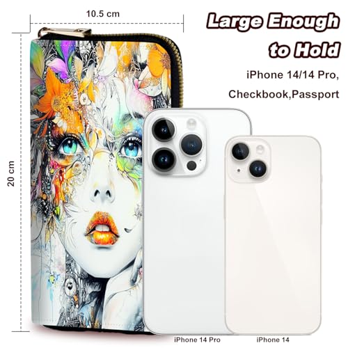 Wristlet Wallet for Women Teen Girls Womens Wallet RFID Blocking Credit Card Holder with Removable Wristlet,Leather Phone Wallet Clutch Large Capacity Ladies Travel Purs,Beautiful Woman Flower3