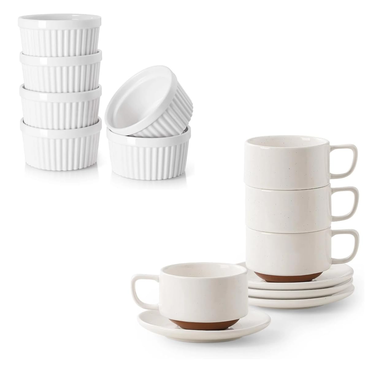 DOWAN 5oz Coffee Cup and Saucer Set of 4 and DOWAN Ramekins 4 oz Oven Safe