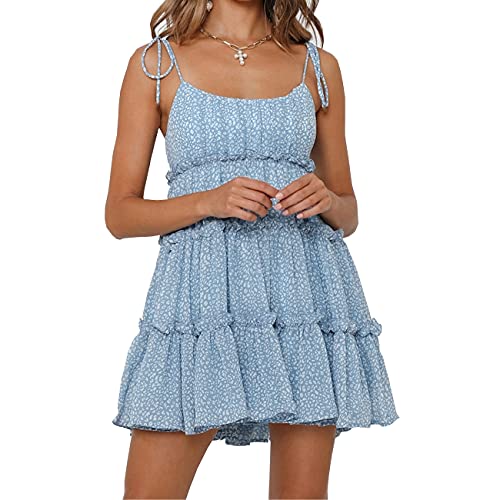 Image of kinstell Women's Boho Spaghetti Strap Ruffle Square Neck Bowknot Backless Sleeveless Elegant Flowy Mini Short Skater Dresses