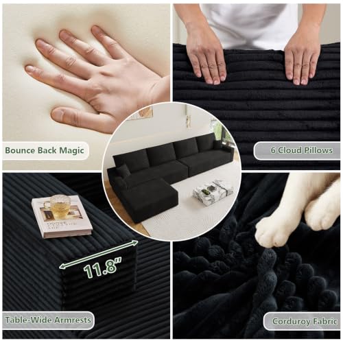 Image of Oversized Modular Sectional Sofa Couch, Large 5 Seater Corner Sofa Modern U Shaped Sectional Couch with Ottoman Cloud Couches for Living Room, Office, Spacious Space, Corduroy, No Assembly, Black