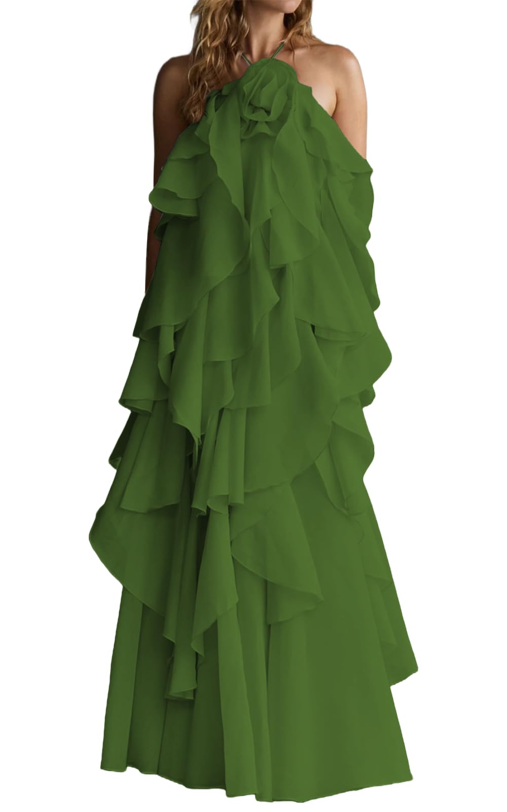 Chiffon 3D Flower Prom Dress Spaghetti Strap Tiered Ruffles Bridesmaid Dresses Backless Long Evening Party Gown