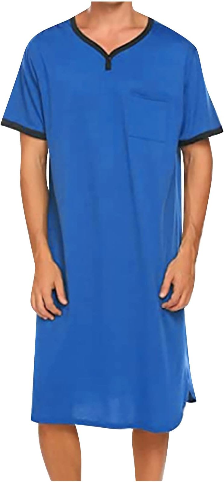 Generic Nightgown for Men Short Sleeve V Neck Nightshirt Loose Fit Solid Color Sleep Shirts Comfy Soft Lightweight Nightwear 2024 Blue, Large
