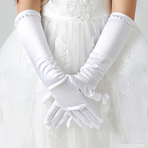 Purfun Kids Girls Princess Pearl Long Satin Gloves First Holy Communion Evening Prom Birthday Party Wedding Gloves Halloween Costume Gloves For 6-10Yrs White thumb #4