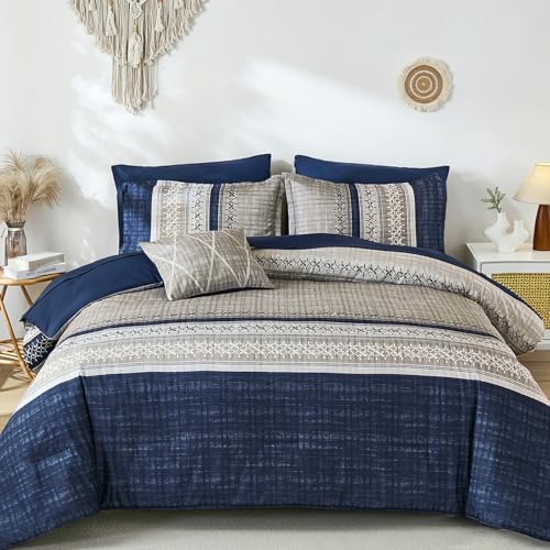 Image of Dintszyayue Blue King Comforter Size Set, 8 Pieces Boho Grey Striped Texture Bed in a Bag Sets, Lightweight Soft Bohemian Comforter and Sheet Set, All Season Microfiber Bedding Sets for Men Women