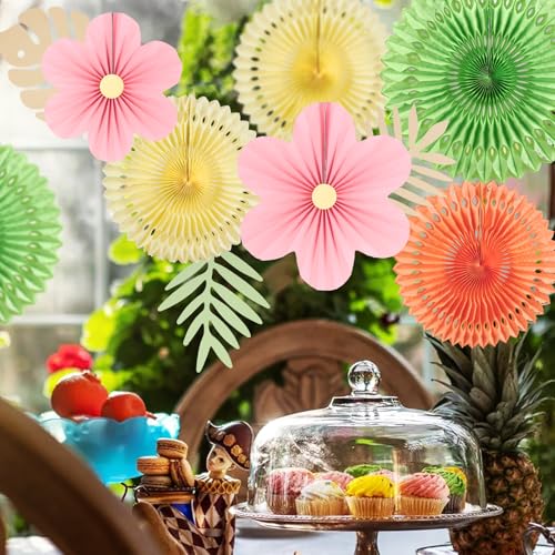 Image of SUNBEAUTY Paper Flowers Pink and Green Party Decorations Hanging Fans Spring Summer Decor for Wall Wedding Backdrop Bridal Shower Birthday - 9Pcs