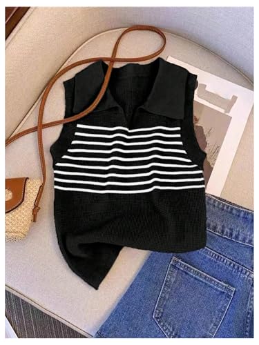Verdusa Women's Old Money Striped Sweater Vest Tops Elegant Sleeveless Collared Fall Knit Top3
