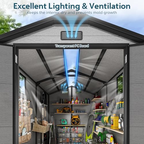 Image of WUKHG 6X8FT Resin Storage Shed with Floor and Ddrain Groove for Backyard | 14mm UV-resistant PP Panel, Top Vent, Lockable Double Door, Side Window, Transparent PC top panel, Suitable for Bike and Tool