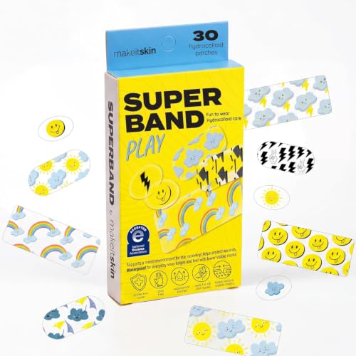 SUPERBAND Play Hydrocolloid Bandages for Kids (30ct Assorted Sizes) Waterproof Kids Bandages for Cuts Scrapes Blisters & Minor Burns Latex-Free for Sensitive Skin