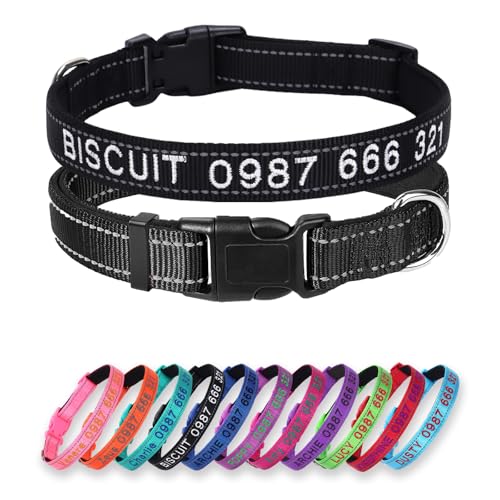 Collar para Perro Personalizado de Nylon Reflectante con Bordado, Forro de Neopreno Suave, Cierre de liberación rápida, Talla Ajustable y personalización de Nombre y número de teléfono(Negro)