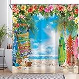 YCUCUEI Summer Hawaiian Beach Shower Curtain for Bathroom Tropical Flower Palm Leaves Surfboard Home Decorations Sets with 12 Hooks Waterproof Polyester 72' x 72'