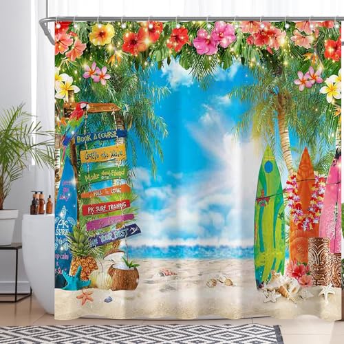 YCUCUEI Summer Hawaiian Beach Shower Curtain for Bathroom Tropical Flower Palm Leaves Surfboard Home Decorations Sets with 12 Hooks Waterproof Polyester 72