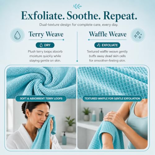Image of Mush Bamboo Dual Texture Waffle Terry Bath Towel Set of 2 | 500 GSM Ultra Soft, Highly Absorbent, Quick Dry Towels | Large Towels for Bath, Gym, Spa | Misty Blue & Olive Green (70x140 cm)