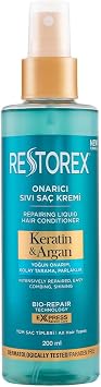 Restorex Keratin & Argan Onarıcı Sıvı Saç Bakım Kremi 200 Mililitre, Yıpranmış ve Hasar Görmüş Saçlar
