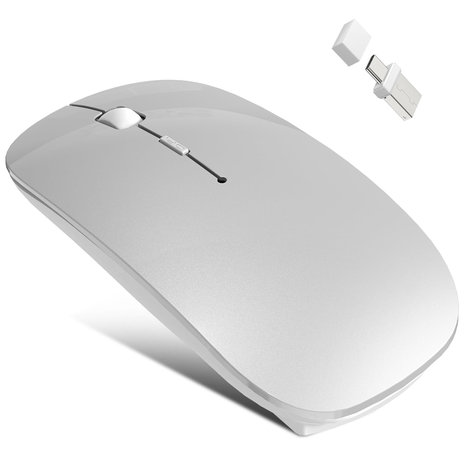 Bluetooth Wireless Mouse for MacBook Air Mac Pro Laptop Computer Pad Optical Rechargeable Slim Silent Tri-Mode (2.4G USB-C/USB-A&Bluetooth 5.2/3.0) Mouse Jiggler for Computer Awakening - Silver