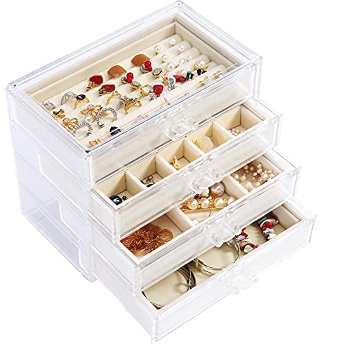 Vplus Acrylic Jewelry Box with 4 Drawers, Velvet Jewelry Organizer for Earring Necklace Ring & Bracelet, Clear Jewelry Display Storage Case for Woman, Beige