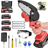 Mini Motosierra De Mano,4 Pulgadas Motosierra Bateria,Motosierra de inalámbrica, Motosierra recargable con 3 baterías y 3 cadenas,Motosierras EléCtricas PortáTiles De 24 V, Mini chainsaw,red