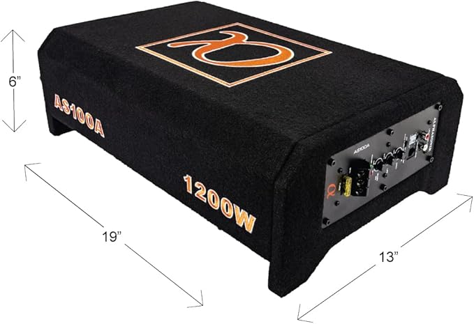 Alphasonik AS100A 10" 1200 Watts with a Built-in Amplifier Down Fire Shallow Mount Enclosed for Tight Spaces in Cars and Trucks, Slim Thin Loaded Subwoofer Air Tight Sealed Bass Enclosure
