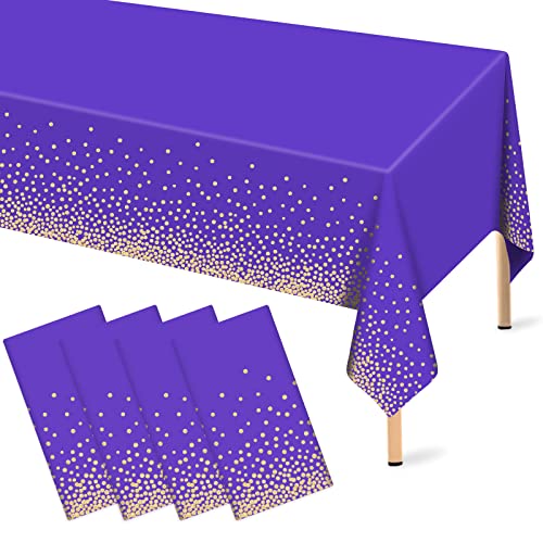 4 Pcs Purple And Gold Plastic Tablecloth For 8Ft Rectangle Table, 54 × 108 Inches Disposable Gold Dot Purple Party Table Covers For Anniversary, Graduation, Wedding, Fine Dining, Birthday Party Decor #TOP20
