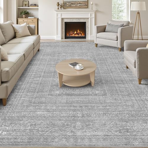 12x15 Area Rug Living Room: Washable Large Vintage Grey Rug