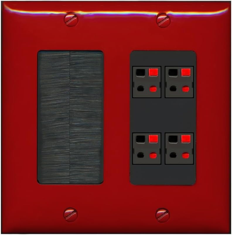 RiteAV 4 Port Speaker Wire Plug Jack Wall Plate - Brush [Red/Black]