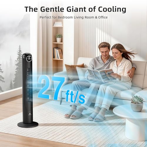 Image of Antarctic Star Tower Fan, 41 Inch DC Motor Bladeless Oscillating Fan with Remote, 6 Speeds & 4 Modes, LED Display, 9H Timer, Quiet Floor Standing Fan for Bedroom Living Room Office, Black