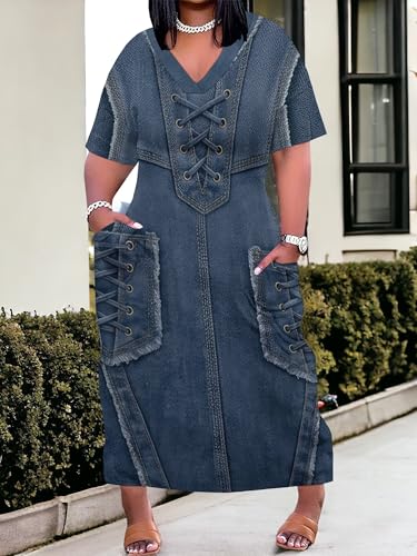 Image of SUZONANA Plus Size Denim Print Maxi Dresses for Women Casual V Neck Short Sleeve with Pockets Soft Jean Look Dress XL-6XL